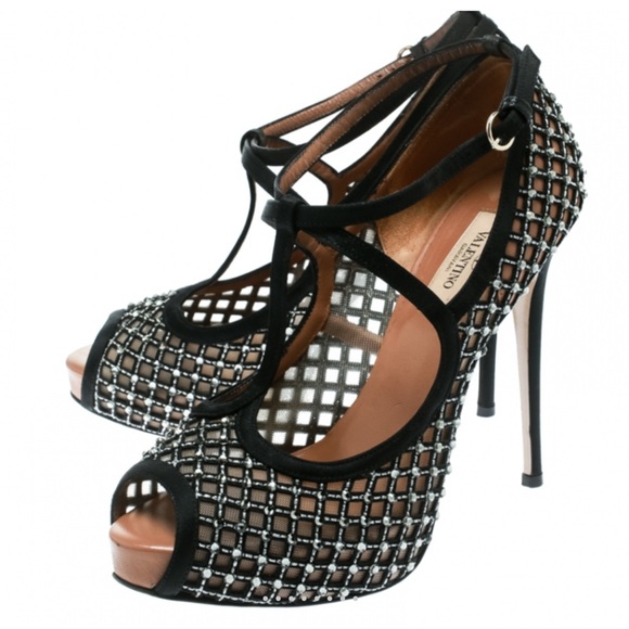 Valentino Black Crystal Fabric and Mesh Peep Toe Platform Pumps Size 38.5 - Picture 1 of 9